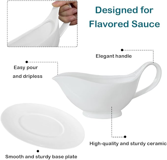 Gravy Boat with Saucer - 20oz Fine Porcelain Sauce & Salad Dressing Boat (White) Suitable for microwave ovens and dishwashers