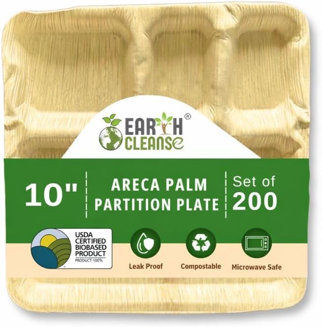Areca Palm Leaf 10-Inch Square Compartment Plates (200 Count) – 100% Compostable, Biodegradable Like Bamboo Plates | Eco-Friendly Disposable Dinnerware | Microwave & Oven Safe