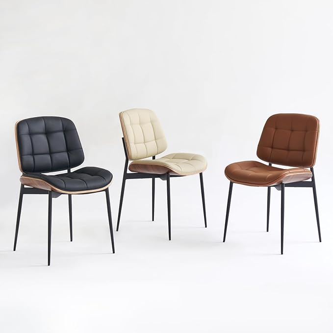 Mid Century Modern Dining Chairs with Walnut Grain Back, Beige Faux Leather Dining Room Chairs Set of 4, Checkered Soft Cushion Kitchen Chairs with Adjustable Foot Pads