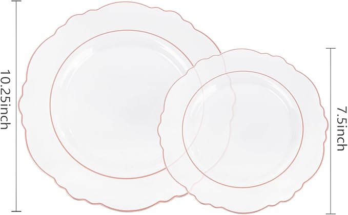 WDF 100pcs Rose Gold Plates Plastic Disposable - Baroque Clear and Rose Gold Plates for Parties or Weddings including 50PCS Dinner Plates 10.25’’ and 50PCS Salad Plates 7.5’’