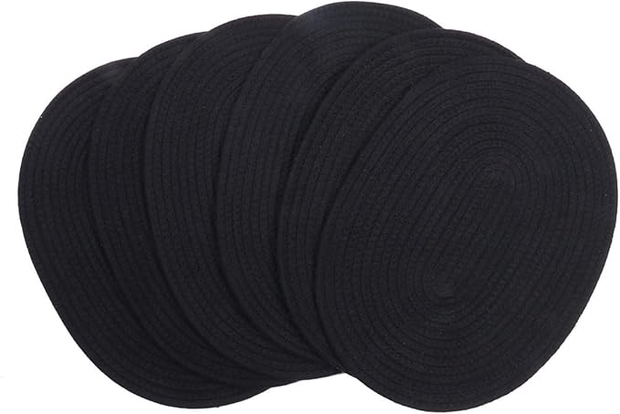 Braided Placemats Set of 6, Cotton Fabric Oval Table Mats Non Slip Washable 16 * 12 inch Oval Place Mats, 6 Pack Black Cotton Rope Woven Placemats