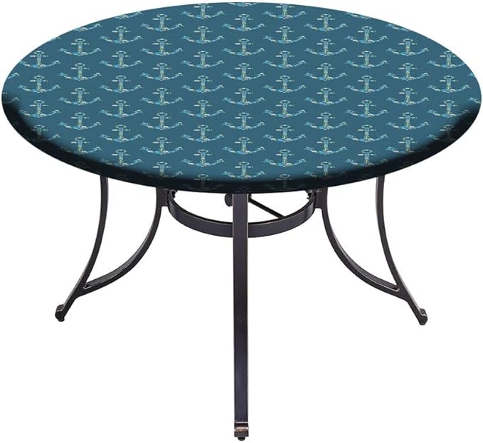 Round Edge Closing Tablecloth, Nautical Elastic Edged Tablecloth, Anchors Maritime Theme Decor, Fit Round Tables 28inch Diameter, for Restaurant Picnic Indoor and Outdoor Use, Petrol Blue Beige