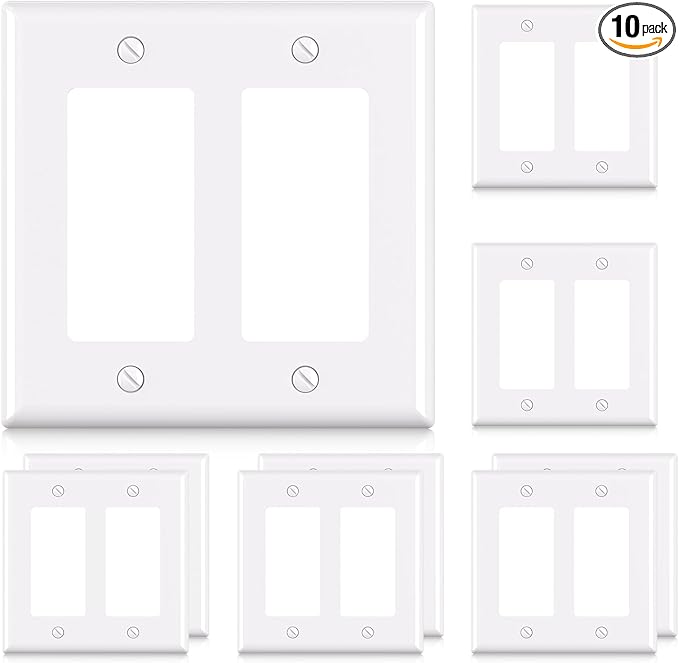 ELEGRP 2-Gang Decorative Wall Plates, Standard Size 4.53" H x 4.57" L Unbreakable Thermoplastic Faceplate Cover for Decorator Receptacle Outlet Switch, UL Listed (10 Pack, Glossy White)