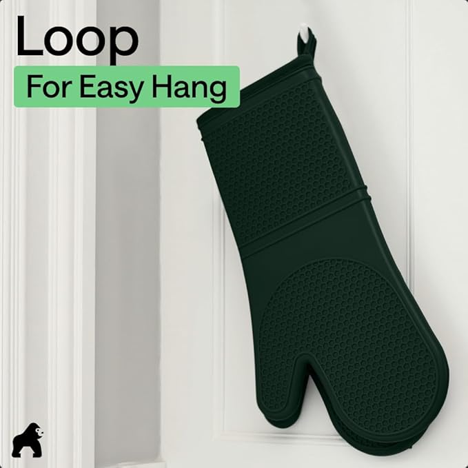 GORILLA GRIP BPA-Free Soft Silicone Oven Mitts, 14.5x8.3, Heat Resistant and Waterproof Cooking Gloves, Thick Cotton Lining, Flexible Gripping for Baking Grilling, Kitchen Potholders Set, Hunter Green
