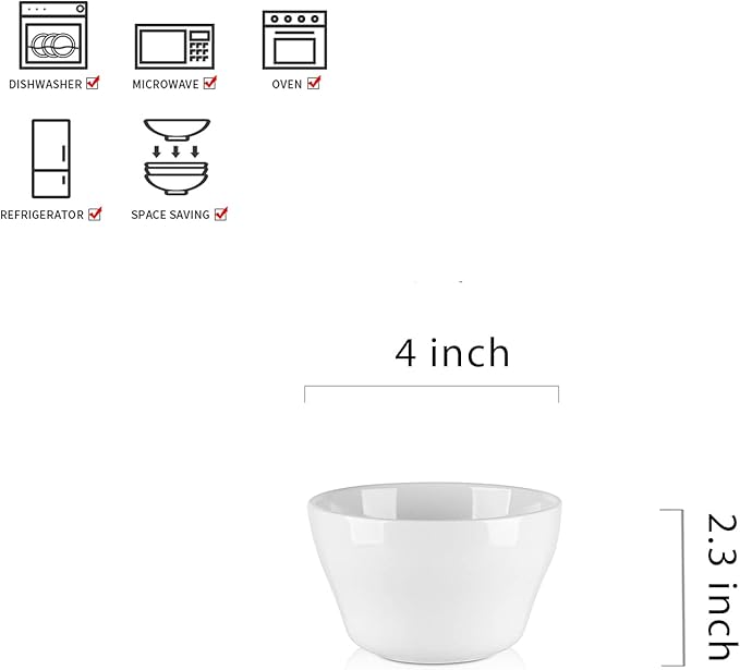 Selamica Ceramic Small Bowls Dessert Bowls 8oz Bouillon Cups for Dessert Soup Dipping Sauce Coffee Cupping Microwave and Dishwasher Safe- Set of 6(White)