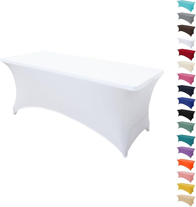 6FT Table Cloth for Rectangular Fitted Events Stretch White Table Covers Washable Spandex Tablecloth Protector for Party, Wedding, Cocktail, Banquet, Festival