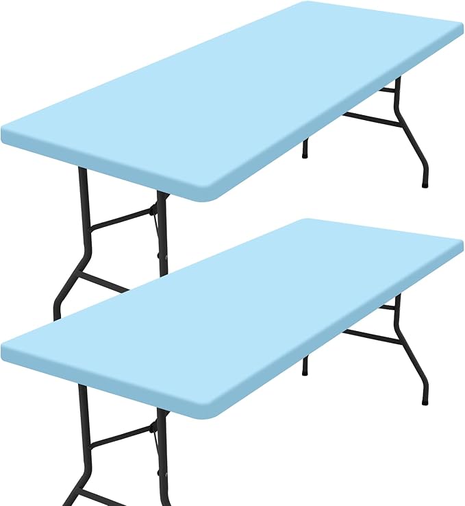 homing 2 Pack Rectangle Table Cloth, Elastic Fitted Fabric Tablecloth Fits for 8 Foot Folding Tables, Washable Table Cover for Picnic, Camping, Indoor & Outdoor (Light Blue, 30" x 96")