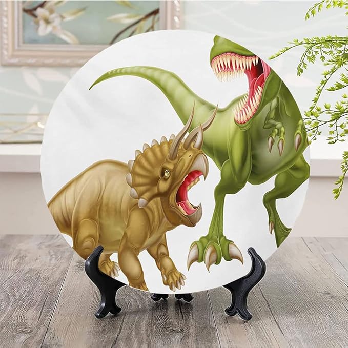 Ceramic Display Plate, Dinosaur Ceramic Hanging Decorative Plate, Rex Versus Triceratops Scaring Each Other, 6 Inch, Household Custom Ceramic Plate, Green Pink Pale Brown
