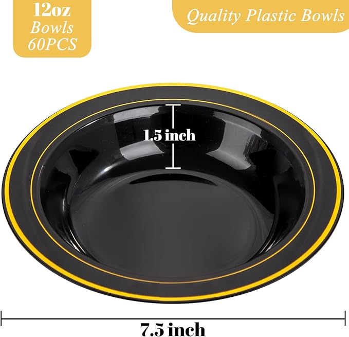 bUCLA 120 Pack Disposable Plastic Bowls 12oz - Black with Gold Trim Plastic Party Bowls for Salad, Soup, Dessert, Picnic, Catering, Ideal for Party & New Year
