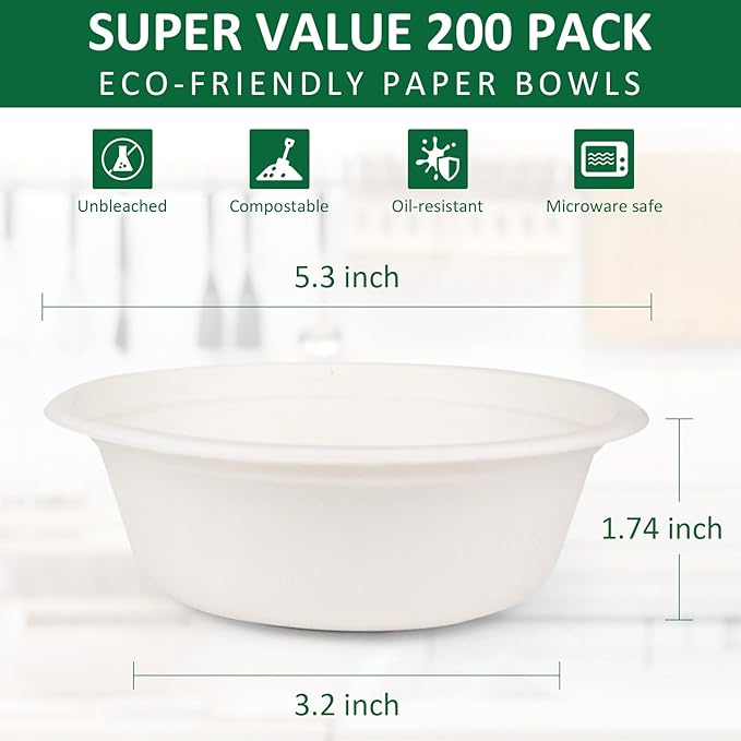 Paper Bowls, 200 Pack 12 Oz Paper Bowls Disposable Heavy Duty, Bagasse Hot Soup Bowls Disposable Bowls