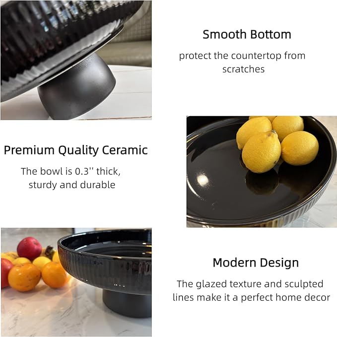 Ceramic Fruit Bowl,11" Black Fruit Bowl for Kitchen Counter, Pedestal Bowl, Kitchen Counter Décor, Key Holder Bowl, Extra Large (Black)