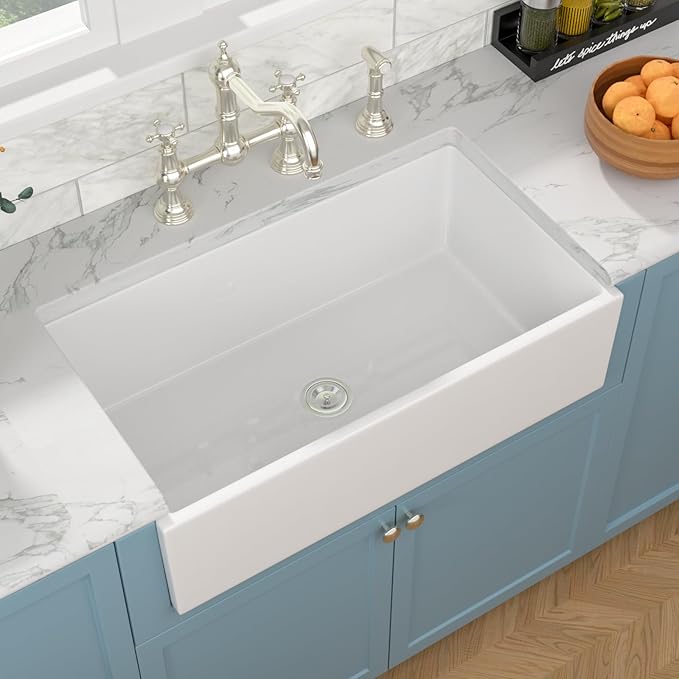 Sarlai 36 White Farmhouse Sink - 36 x 20 Inch Farm Kitchen Sink Apron Front Single Bowl Reversible Ceramic Porcelain Vitreous Fireclay Single Bowl Farmer Sinks Basin