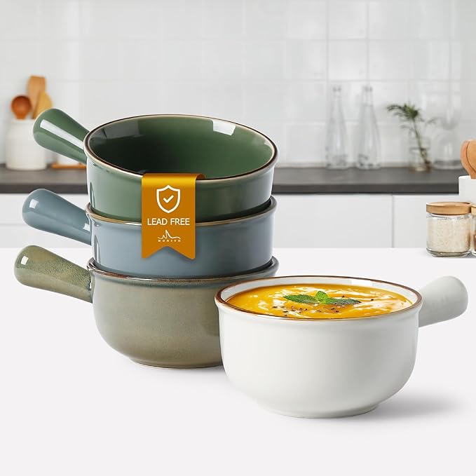 MONITO 28 Oz French Onion Soup Bowls, Ceramic Soup Bowls with Handles, Stackable Soup Crocks, Oven/Microwave/Dishwasher Safe, for Cereal, Soups, Casseroles
