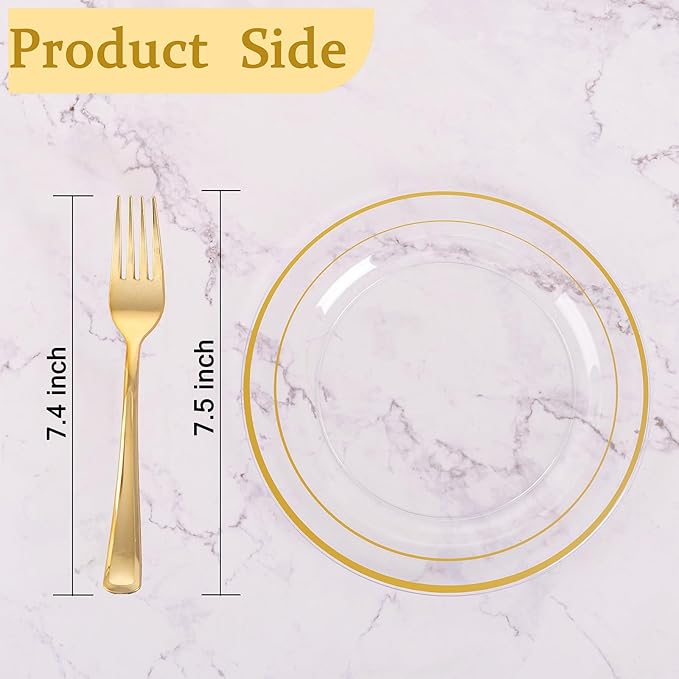 I00000 72 Pcs Clear Plastic Dessert Plates 7.5" & 72 Pcs Gold Disposable Forks 7.4", Clear Small Plates,Nice Dessert Plates,Fancy Salad Plate,Gold Cake Plate for Party, Occasions, Wedding