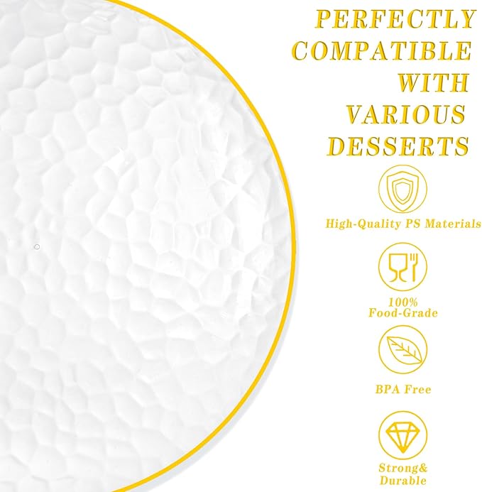 Rubtlamp 60 Pcs Clear Plastic Dessert Plates, Hammered Party Plates, Disposable Heavy Duty Salad/Dessert Platos,Clear Party Platos, Gold Plastic Appetizer Platos Disposable For All Occasions