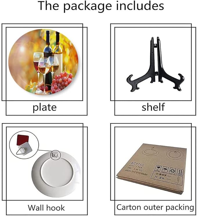 Ceramic Display Plate, Wine Ceramic Hanging Decorative Plate, Tasty Wine on Wooden Barrel on Grape Plantation, 8 Inch, Living Room Kitchen Decoration Household, Orange Red Black
