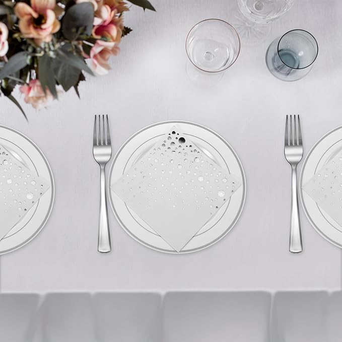 Stylish 7.5 Inch Silver Cake Plates with Disposable Forks and Cocktail Napkins (100 Set) - Small Appetizer Plates - Silver Plastic Dessert Plates - Plastic Cake Plates for Wedding Reception