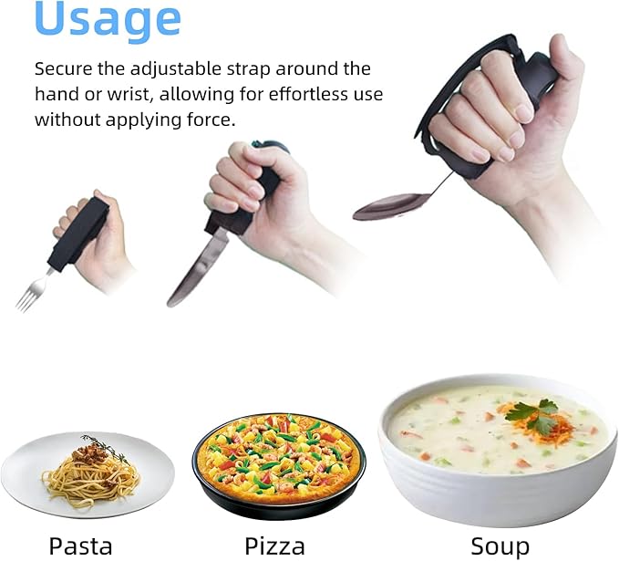 Adaptive Utensil Set for Elderly Parkinsons Stroke Patients, Non-Slip Grip with Hand Strap for Hand Tremors & Muscle Weakness, 3PCS Heavy Stainless Steel Spoon Fork Knife