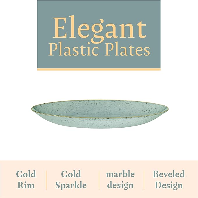 PLASTICPRO 30 Pack Disposable Plastic Plates Heavyweight Granite Look Elegant 7 inch Dinner Plates Green with Gold Rim