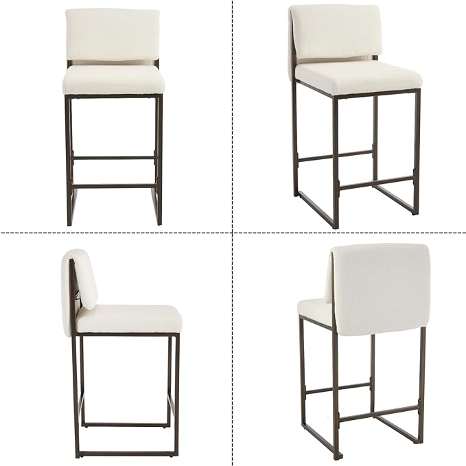 Modern Barstools Set of 2, 26” Upholstered Counter Height Bar Stools Sherpa Fabric Counter Stools with Padded Back Metal Frame for Kitchen Island Dining Room, White