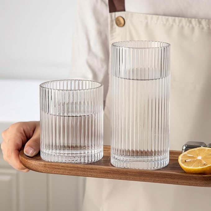 Ribbed Drinking Glasses 4pcs, 12oz and 10oz Glassware, Tumbler Glasses Cup Set for Wedding, Party, Christmas Gift, Clear