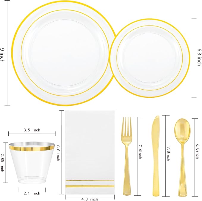GATHER 350PCS Clear Gold Plastic Plates - Disposable Gold Dinnerware Sets Includes 100 Gold Rim Plastic Plates, 150 Silverware, 50 Napkins, 50 Cups for Party, Wedding