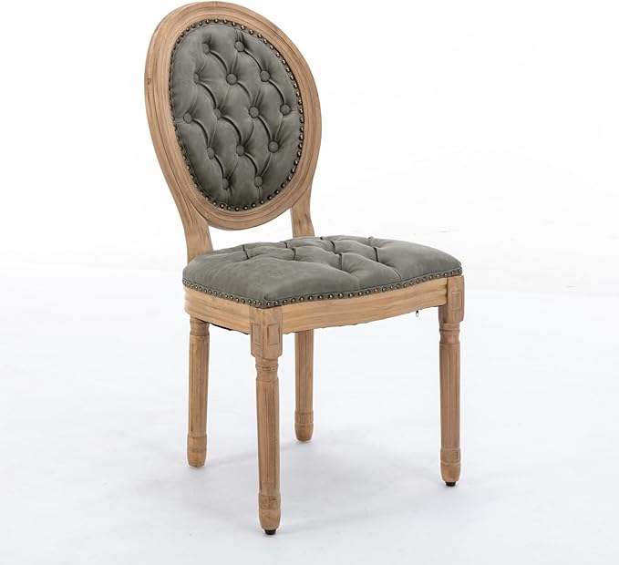 Ball & Cast French Vintage Upholstered Dining Chairs Set of 2, Button Tufted Kitchen Side-Chairs with Carved Antique Wood Frame & Nailhead Trims, PU-Leather Curved Backrest Louis Chair, PU Green