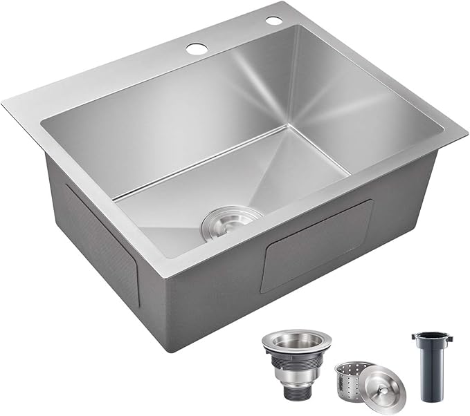 ROVATE 21.6-inch Drop-in Topmount Kitchen Sink, 304 Stainless Steel Kitchen Sink Single Bowl, Handmade Bar Sinks Overmount
