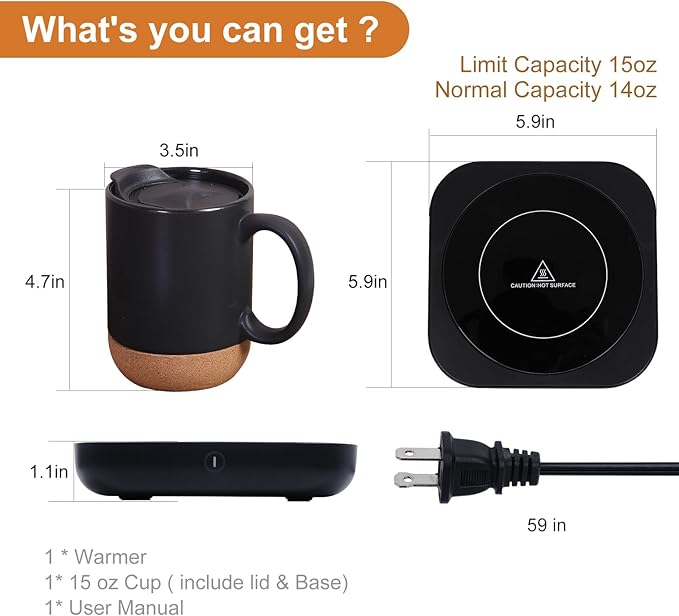 Coffee Mug Warmer & Mug Set for Desk, Electric Coffee Cup Warmer with Ceramic Mug, Smart Heated Coffee Mug with Auto Shut Off for Office/Home, Christmas/Birthday/Coffee Gifts for Men & Women, Black