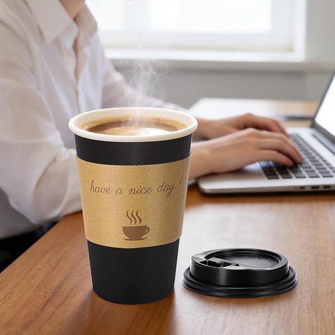 50 Pack 16 oz Disposable Coffee Cups with Lids, Paper Hot Coffee Cups with Sleeve and Straw, To Go Cups for Home, Office, and Party (Black 16oz)