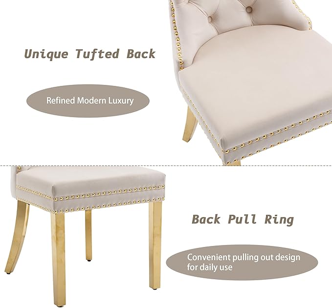 KCC Velvet Dining Chairs Set of 6, Upholstered High-end Tufted Dining Chair with Nailhead Back Ring Pull Trim Stainless Steel Legs, Contemporary Nikki Collection Modern Style for Kitchen, Beige