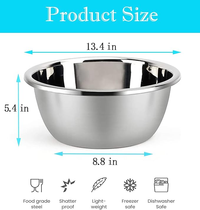 meleg otthon Stainless Steel Mixing Bowl, 11QT Salad Bowl, Metal Bowls, Stainless Steel Basin, Heavy Duty Deeper Edge Mirror Finish Dishwasher Safe Bowl (3XL)…