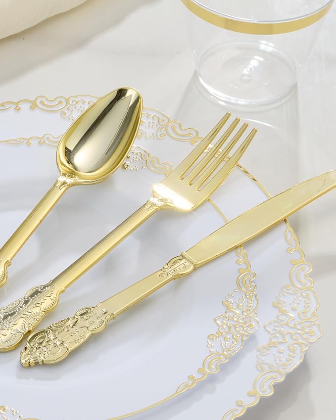 Goodluck 350 Piece Gold Plastic Dinnerware Set for 50 Guests, Fancy Disposable Plates, Include: 100 Gold Rim Plastic Plates, 150 Silverwares, 50 Pre Rolled Napkins, 50 Cups for Party, Wedding