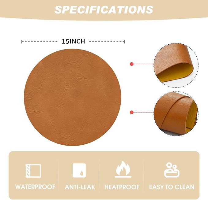 Artoid Mode Rust Faux Leather Placemats Set of 6, 15 Inch Waterproof Wipeable Heat Resistant Vinyl Place Mats, Reversible Table Mats for Fall Kitchen Dining Decor