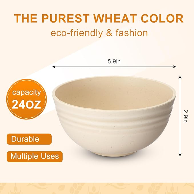 Geosar 18 Pcs Unbreakable Cereal Bowls 24 Oz Microwave and Dishwasher Safe Wheat Straw Fiber Lightweight Bowl for Soup Kitchen Serving Salad Dishes Oatmeal (Beige)