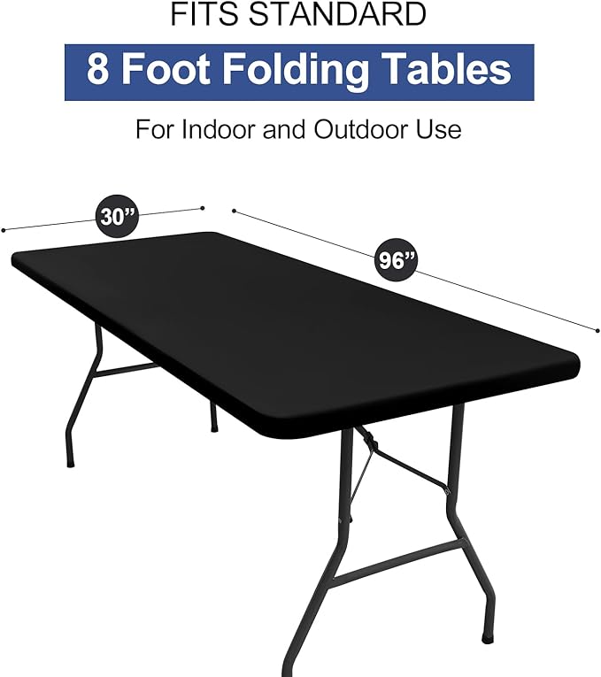 homing 2 Pack Rectangle Table Cloth, Elastic Fitted Fabric Tablecloth Fits for 8 Foot Folding Tables, Washable Table Cover for Picnic, Camping, Indoor & Outdoor (Black, 30" x 96")