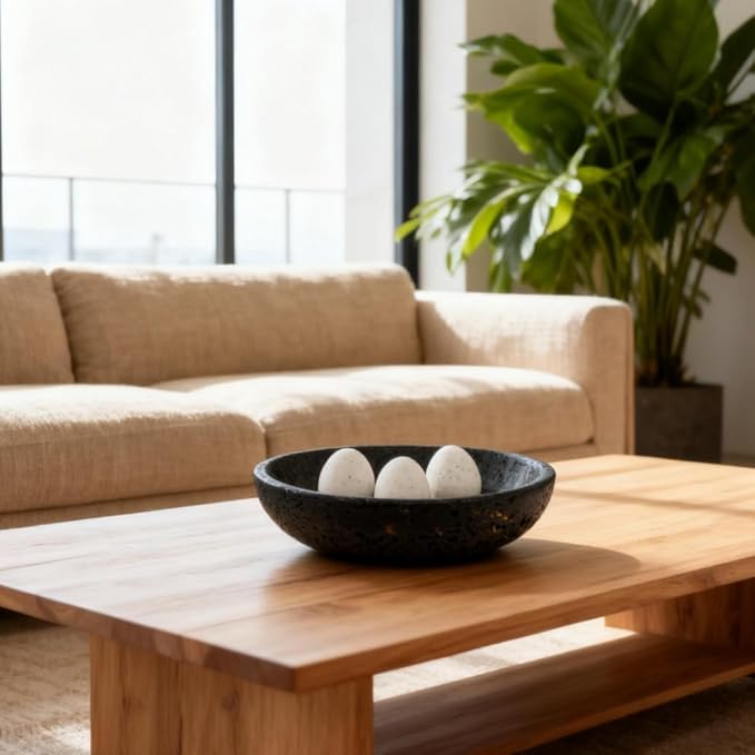 Black Travertine Bowl, 7.8" Luxurious Natural Stone Centerpiece Bowl for Modern Home Decor, Handmade Fruit Bowl, Jewelry Dish, Sophisticated Tabletop Sculpture