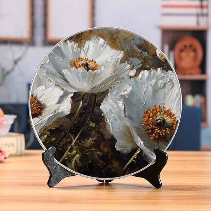 Textured White Poppies Decorative Ceramic Plates 10 Inch with Display Stand Designed for Elegant Wall Hanging DP-752238312
