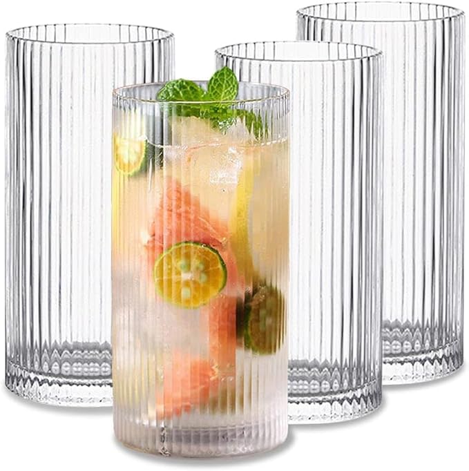 Glass Cups Vintage Glassware Set of 4 Large, Origami Style Transparent Cocktail Glasses Set, Bar Beverages Ice Coffee Cup Juice Ripple Drinkware, Fluted Design