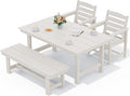 SERWALL Kitchen Table Set for 4，67" Extended Large Dining Table with 1 Bench and 2 Chairs, White