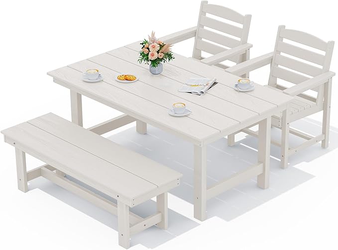 SERWALL Kitchen Table Set for 4，67" Extended Large Dining Table with 1 Bench and 2 Chairs, White