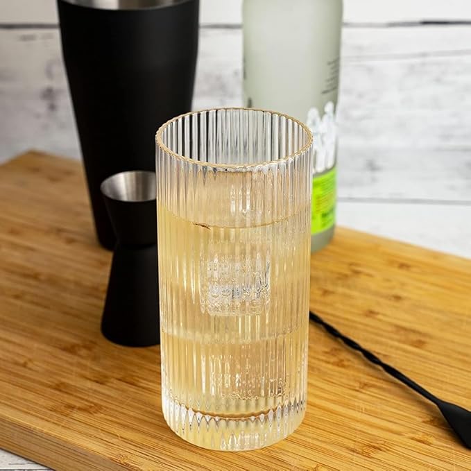 LEMONSODA Vintage Straight Line Highball Cocktail Drinking Glasses and Tumblers 10oz, 12oz (12 oz, Set of 4) [2072]