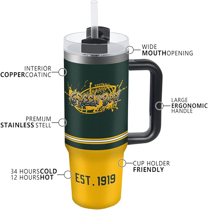 Green 30 oz Tumbler with Handle and Straw,Car cup,Coffee Mug,100% Leakproof Insulated Tumbler with Lid and Straw,Made of Stainless Steel,Cup Holder Friendly Base,Classic Collection Gifts for Fans