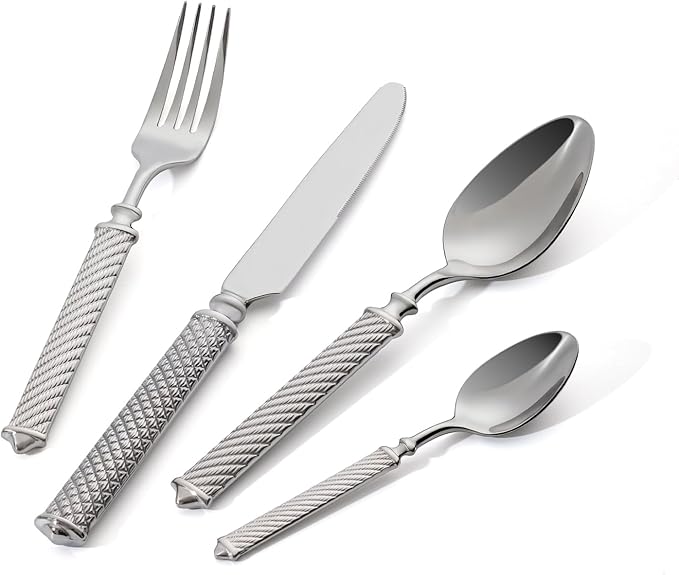 16-Piece Premium Silverware Set, Roman Rope-Pattern Flatware Crafted in 18/10 Stainless Steel, Elegant Silver Cutlery Set Service for 4, Heavy Duty Tableware with Mirror Polish, Dishwasher Safe