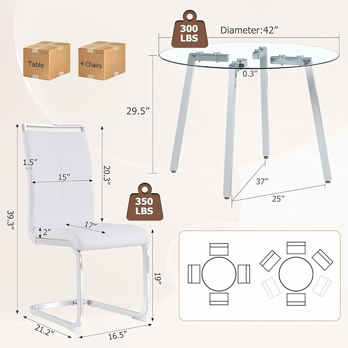 42" Round Glass Dining Table Set for 4,Modern Breakfast Table Set for 4 with Silver Chrome Legs,Space Saving Kitchen Table and White Chairs for Apartment,Easy Assembly