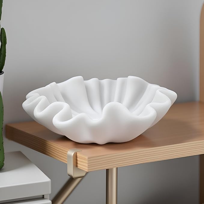 12" Large Handmade Decorative Bowl decor , Handicraft Scalloped Bowls for Modern Home Decor,Ruffle Decor,Key Bowl for Entry Table,Decorative Fruit Bowl for Kitchen Counter,Artificial Stone Milky White