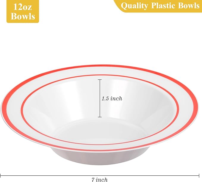 Goodluck 50 Pack Plastic Bowls with Red Rim, 12oz Disposable Soup Bowls, Heavy Duty Dessert Bowls for Weddings, Parties, Valentine's Day Dinners, Catering, Thanksgiving and Everyday Use