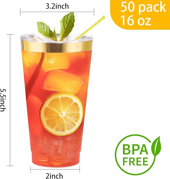 I00000 16 oz Gold Plastic Cups, 50 Pack Clear Plastic Cups Tumblers Gold Rimmed Disposable Cup, Heavy-duty Disposable Cup Perfect for Birthday, Wedding & Party
