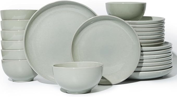 24 Piece Dinnerware Set for 8, Santorini Mist Terracotta Plates and Bowls Sets, Complete Stoneware Dish Set for Large Families and Entertaining, Microwave & Dishwasher Safe, Slate Green