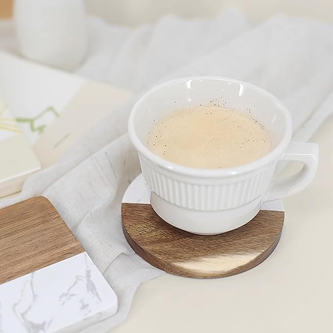 I-LAN Set of 4 Round Natural Wood and Marble Style Drink Coasters for Coffee Wooden Table, Drink Bar Coaster Set/Tea Table Coasters for Living Room,Beer Cans,Bar Glasses,4 x 4 Inch